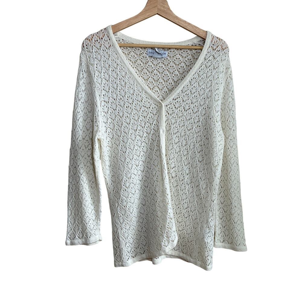 Sag Harbor lace crochet beige vintage button front sheer cardigan women's L